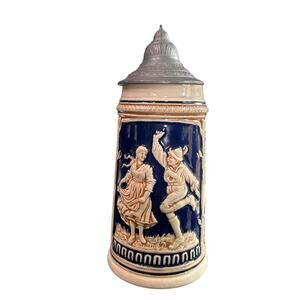 Vintage Beer Stein Mug- Lid wiggles- brown Old Drinking Cheers-1322